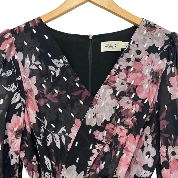 Eliza J Floral Metallic Fleck High Low Dress Puff Sleeve V-Neck Midi Tropical 10 - Picture 8 of 11